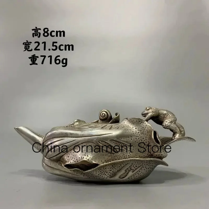 

Elaborate Old Handwork Tibetan Silver Carved Frog On Chinese Cabbage Statue Teapot Auspicious snail Lid Tea water Pot kettle