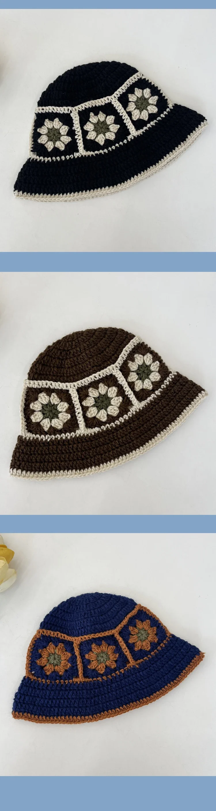 2026 NEU Japanische handgefertigte Blumen- und Karomuster-Häkel-Eimerhüte für Damen, Sommer-Fischermütze mit Farbkombination, gestrickte Strandmütze für Mädchen, Y2k – Detail 15