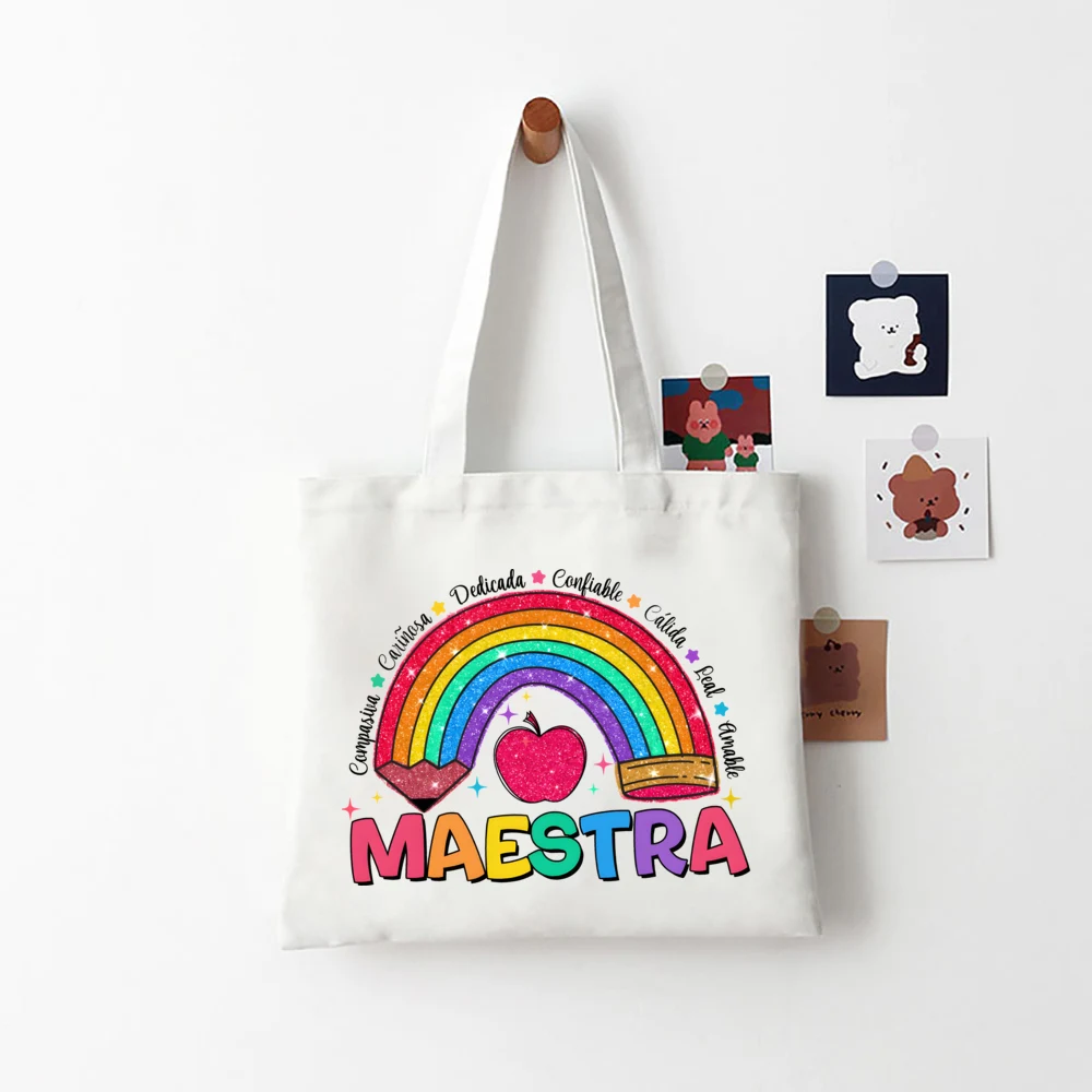 Bolsos de mano con estampado de patrón de arcoíris y MAESTRA para mujer, bolsos informales para profesores y niñas, bolso de moda para profesores,