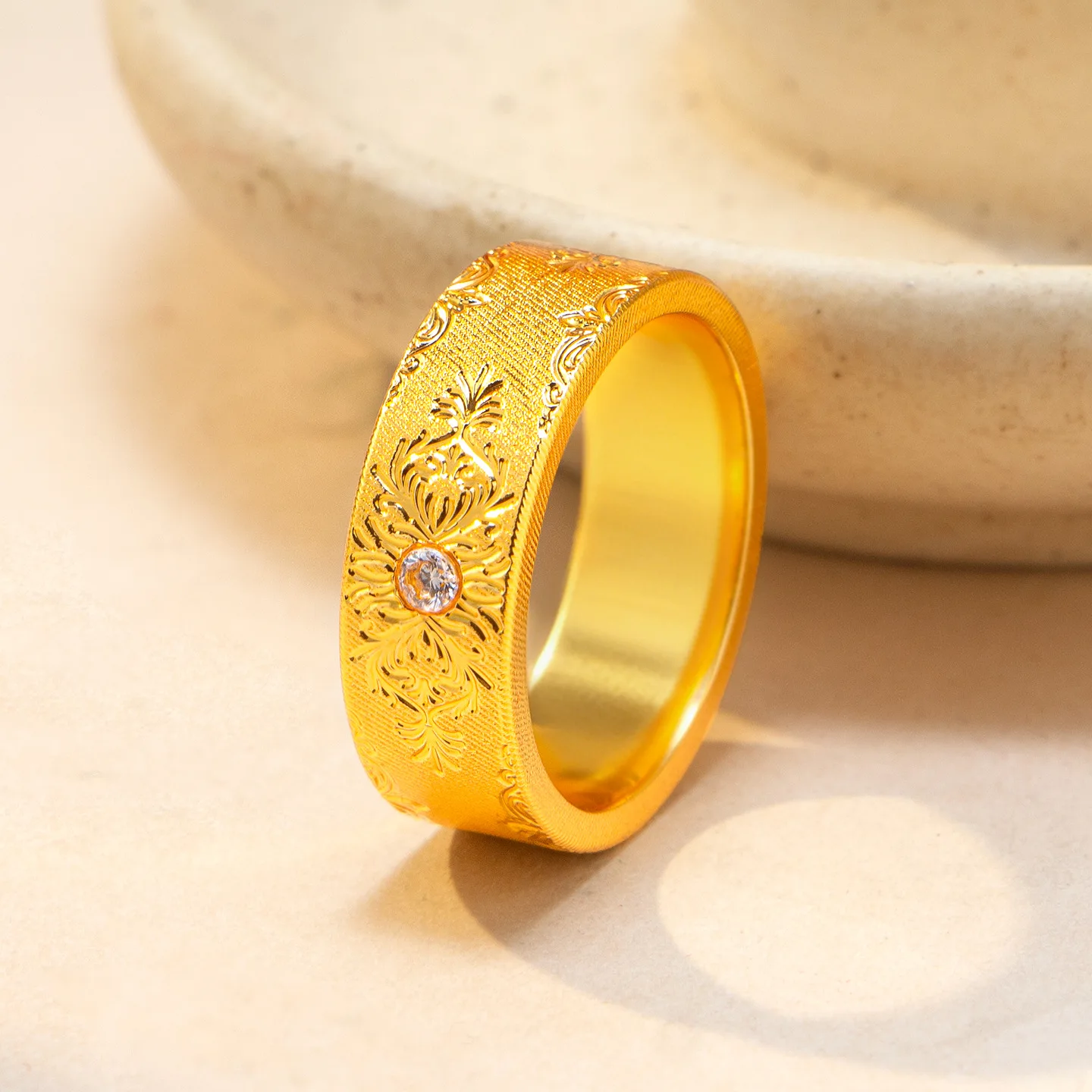 Luxury 24K 9999 Pure Gold real gold Women's diamond bright surface curly grass pattern ring
