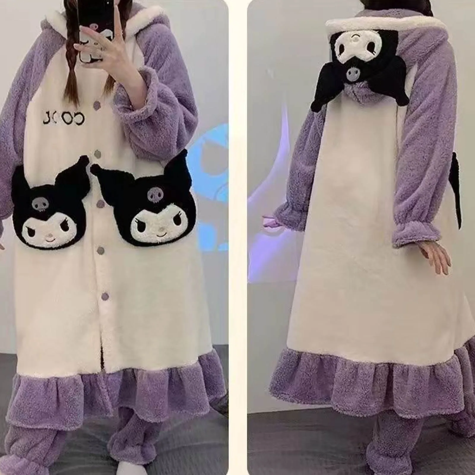 Cartoon Kuromi Coral Fleece Plus Velvet Thicken Nightgown Loungewear Girly Kawaii Winter Outdoor Long Style Hooded Home Clothes