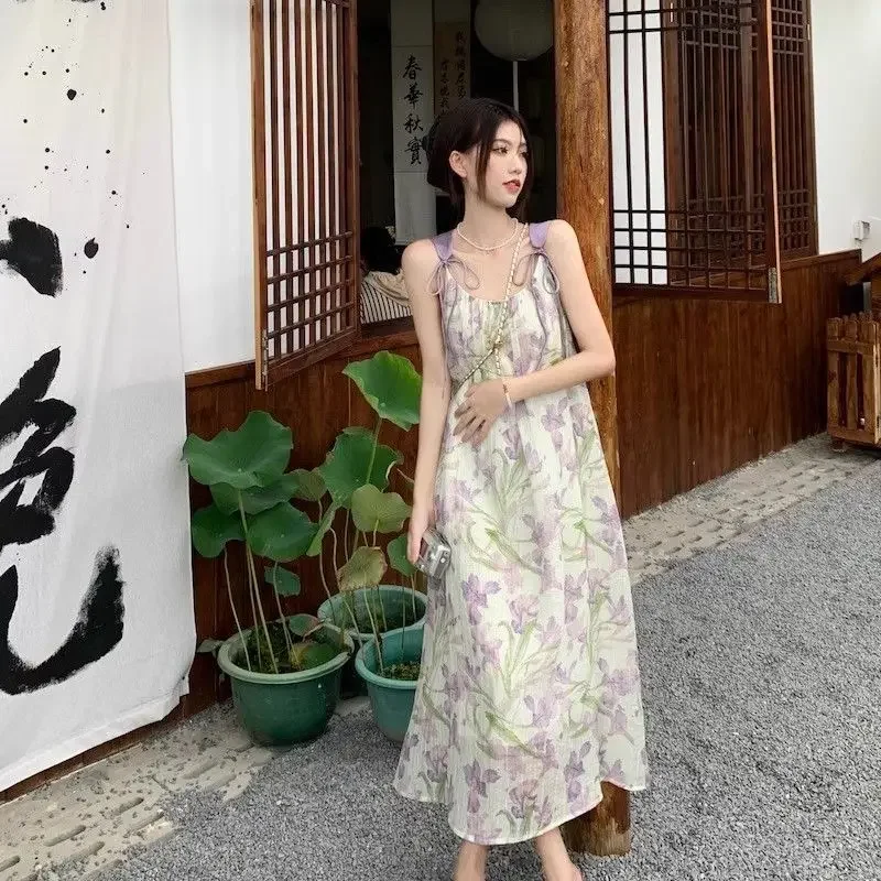 긴 꽃 보라색 꽃 쉬폰 새틴 실크 민소매 여성 드레스 Sundress 드레스 여성용 맥시 슬립 한국 스타일 미적
