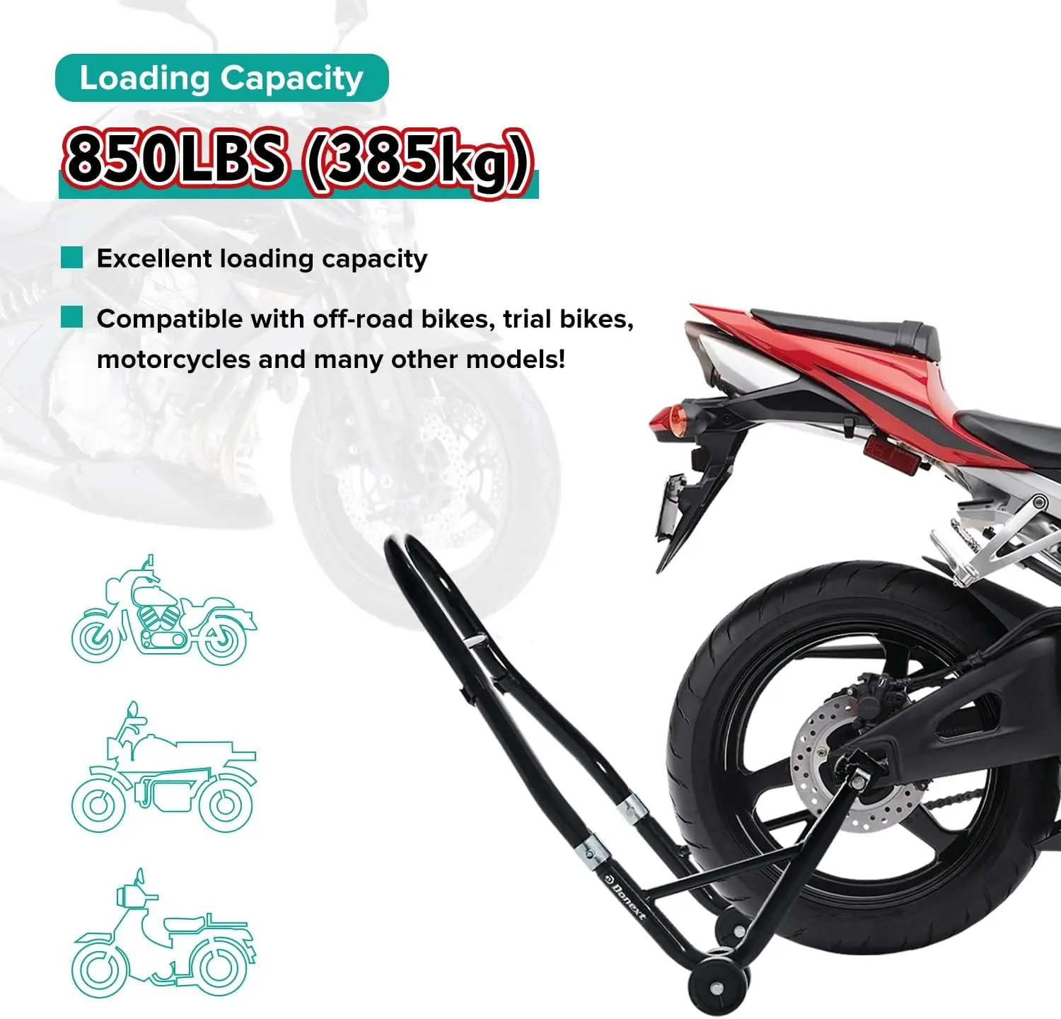 Robuuste motorfiets-achterwielliftstandaard, capaciteit 850LB, verstelbaar voor sportfietsen, zwarte afwerking