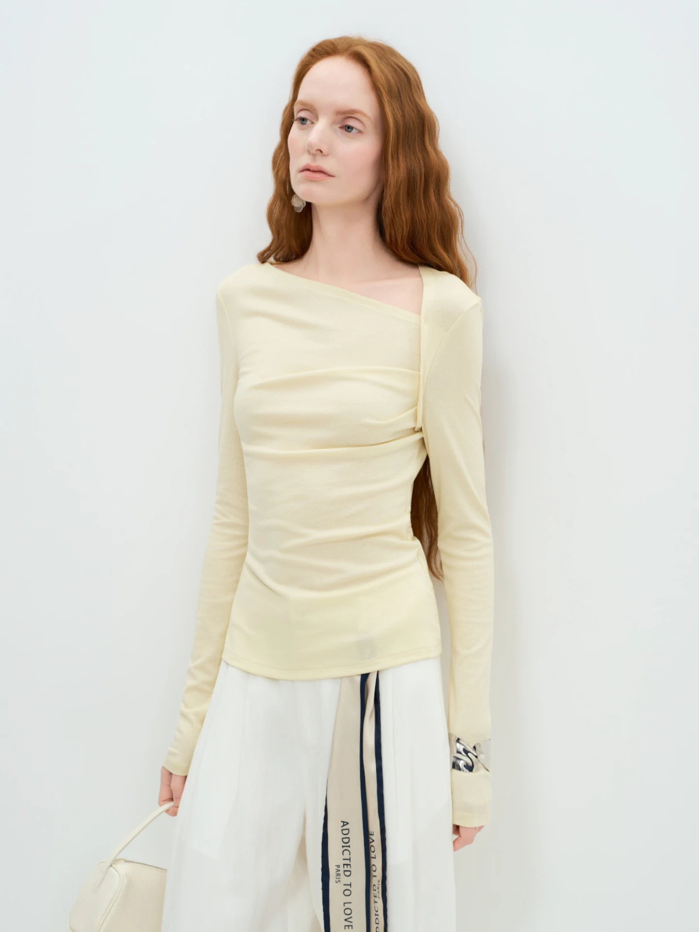 

Elegant Slant Shoulder Pleated Slim Fit Women's T-Shirt Commute Long Sleeve Top Casual Comfortable Gentle Style Ruche Detail