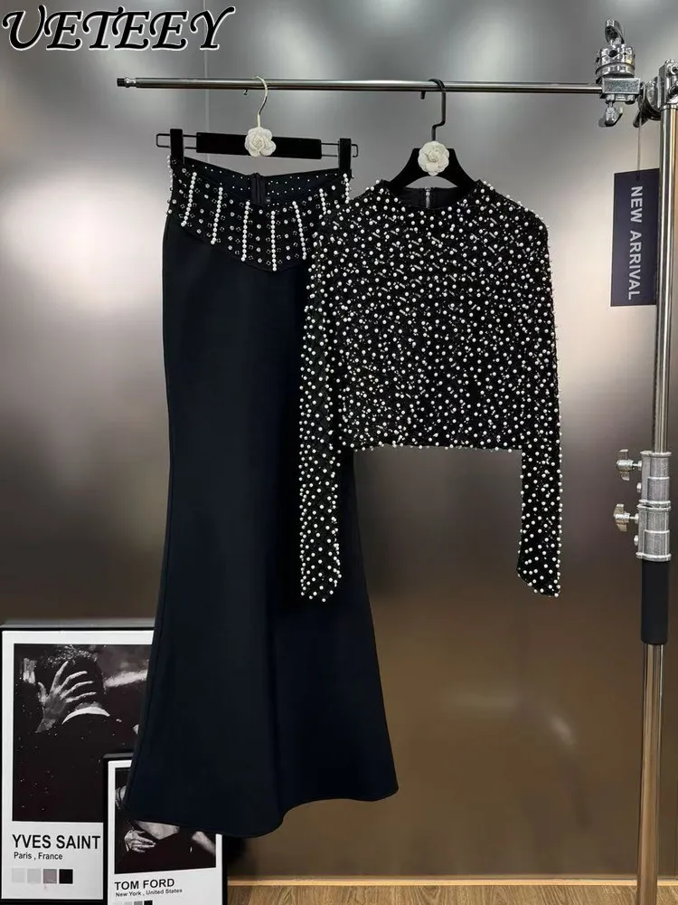 

Autumn French Style Heavy Beaded Design Long Sleeve Zipper Top and High Waist Slimming Long Mermaid Skirt Black Two-Piece Set