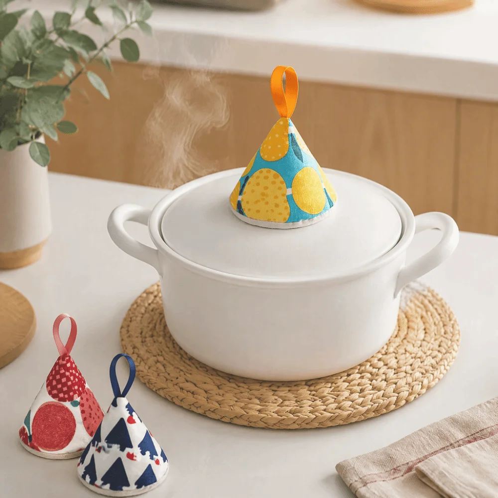 2PCS Cotton Pot Handle Cover Heat Insulated Triangle Shape Triangle Pot Holder Hanging Loop Anti-Scald Non-Slip Pot Lid Hat