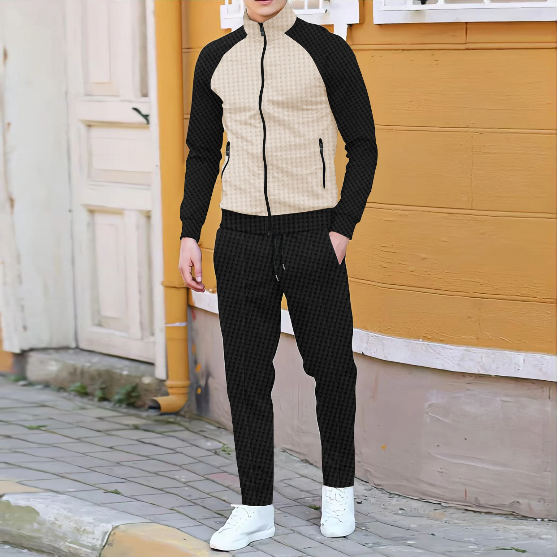 2024 cross-border autumn new fashion color contrast with rotator sleeve high-neck jacket + trousers casual sports suit