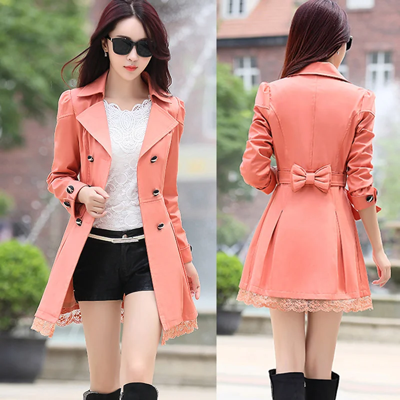 Spring Autumn Women's Brand-New Long Double-Breasted Waistband Windbreaker Leisure Slim Fashion Coat With Lined