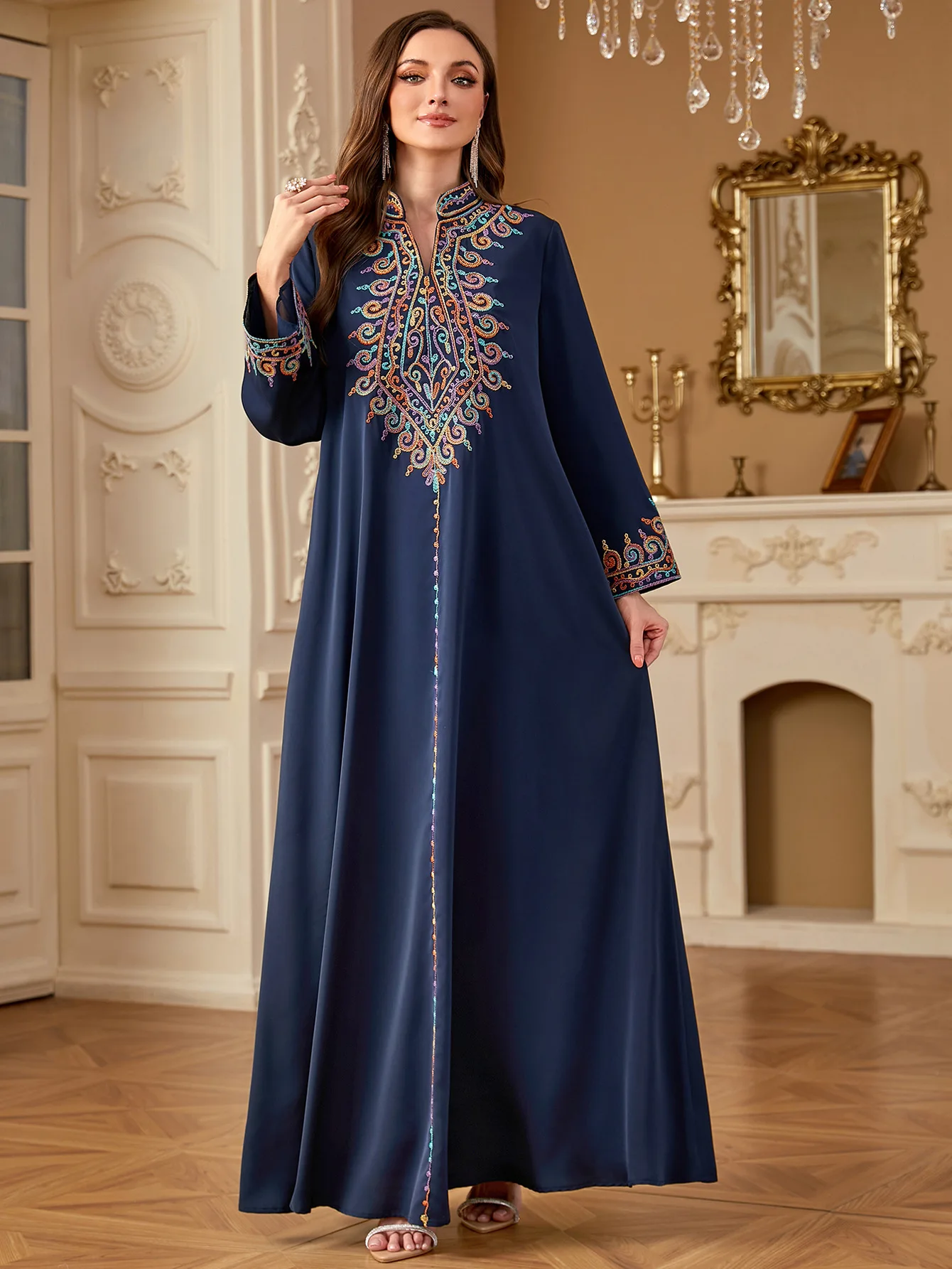 

Embroidered Abaya Elegant V-Neck Floor-Length Abaya Traditional Arabian Evening Abaya Luxury Hand-Embroidered Flowing Jalabiya