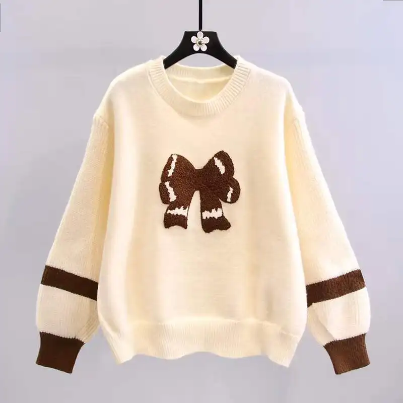 Little Fresh Bow Tie Pullover Sweaters for Women Autumn/Winter 2023 NeArrival Korean Slack Loose Fashion Elegant Knitted Top