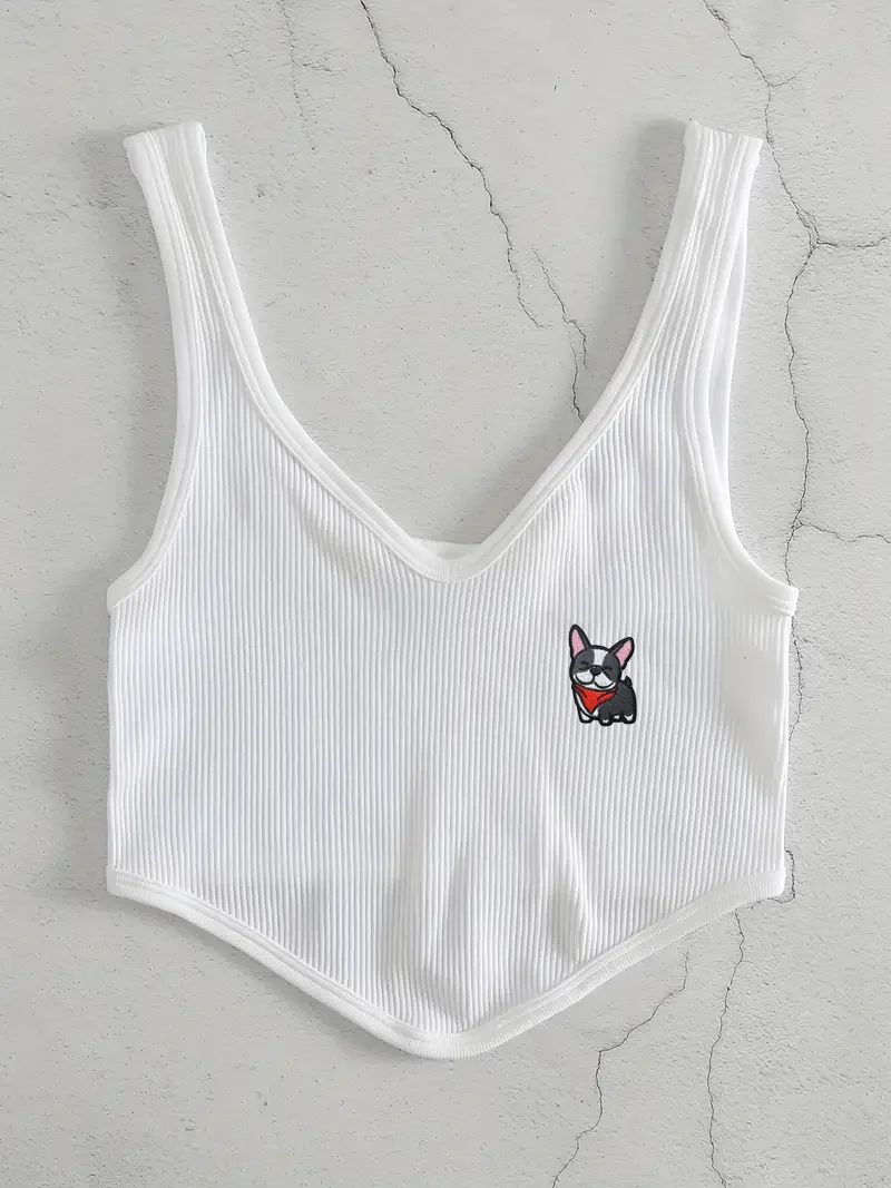 

White Sleeveless Sexy Halter Top Women's Navel Crop Top Knitted Tank Top Kawaii Puppy Embroidered Halter Top Blouse Women's Vest