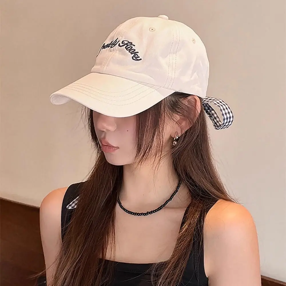 

Cotton Letter Baseball Cap UV Protection Dome Bow Strap Baseball Cap Casual Korean Version Plaid Bow Protection Hats Summer