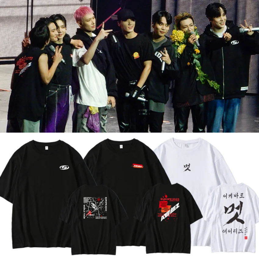 KPOP ATEEZ THE FELLOWSHIP : BREAK THE WALL 2023 WORLD TOUR Oversized T Shirt Men Women 90s Harajuku Short Sleeve Tee Shirt Femme