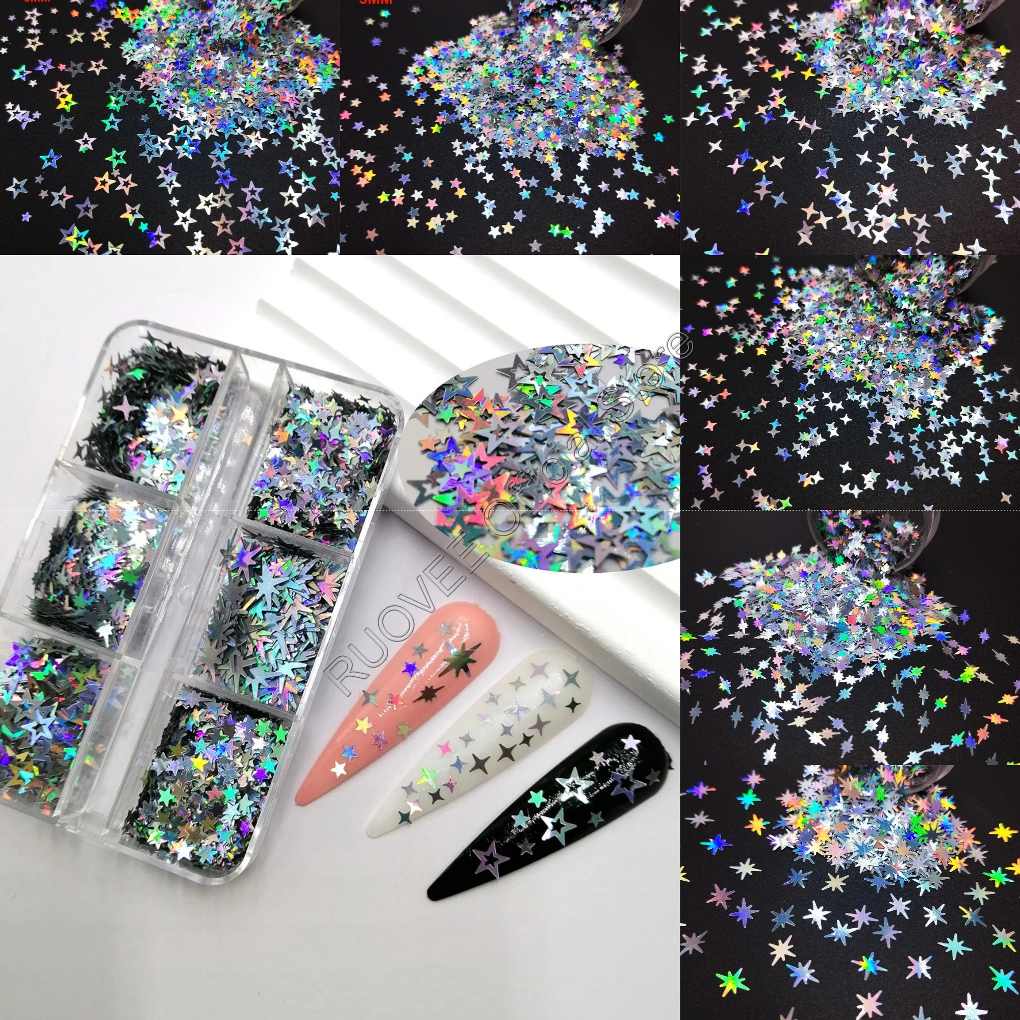 6Grid Holographic Silver Octagonal Hollow Star Glitter Mix Chunky Sequin Flake Shape forDIY Facepaint Nail Art Body Makeup Deco