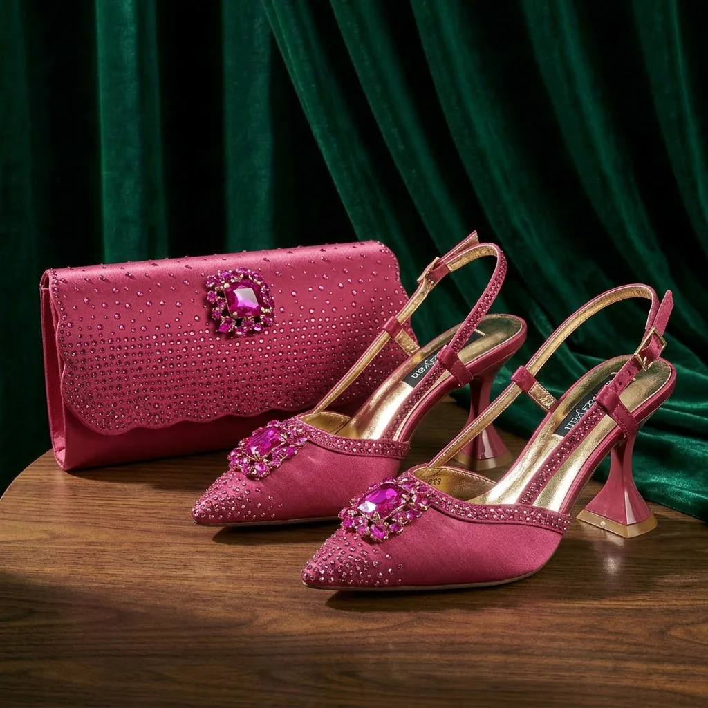 Women Hot sale Satin Pointed Pumps Large Fuchsia Gem Ornament Rhinestone For Bridal Luxury Matching Shoes Heels and Bag Set