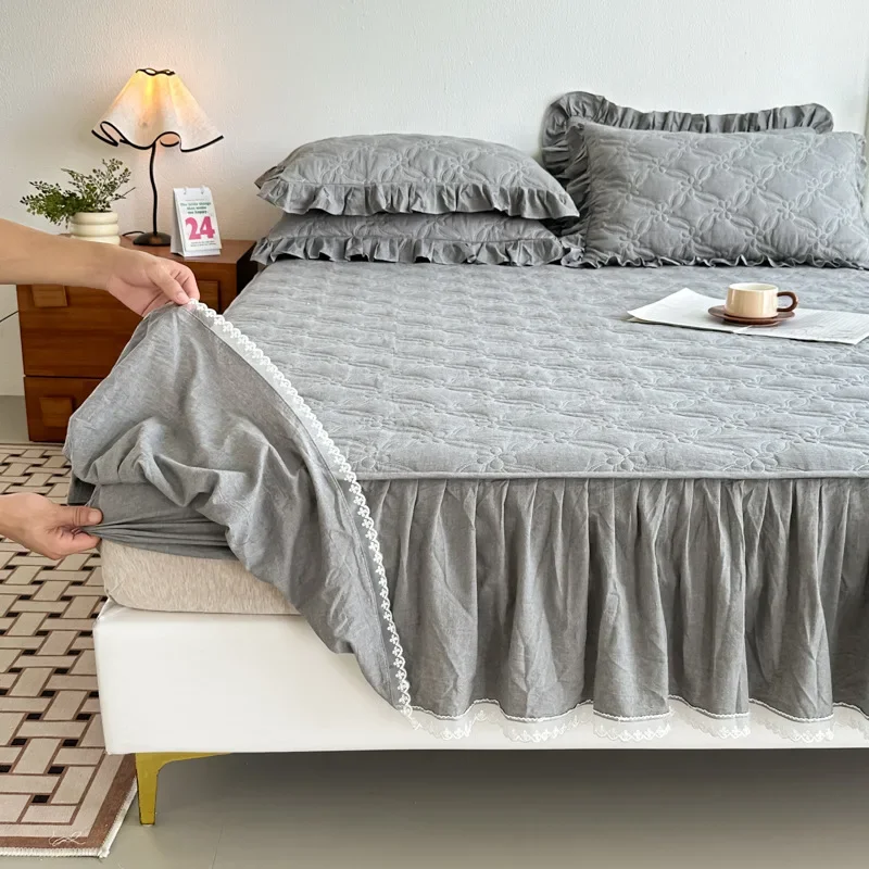 2024 new yarn-dyed washed cotton mattress type bed skirt padded cotton pure cotton lace mattress universal in all seasons