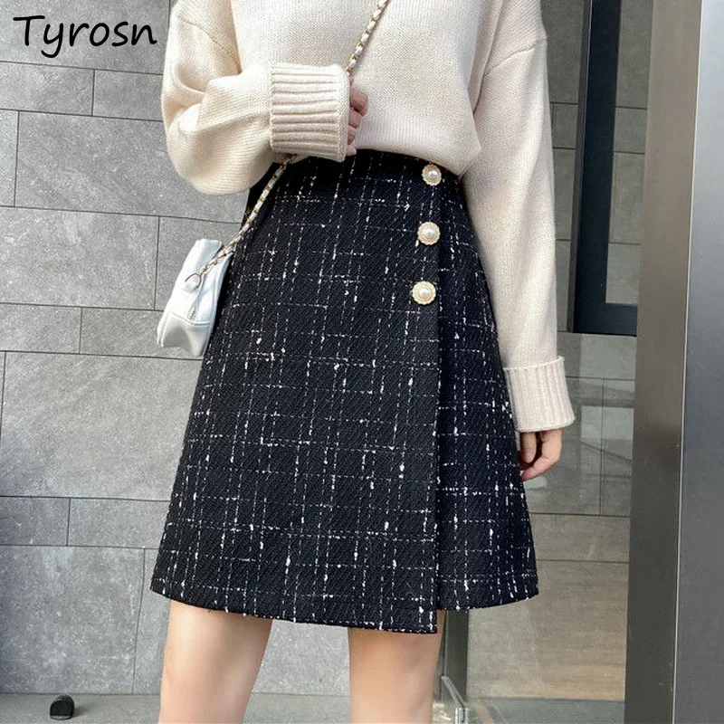 

M-3XL Skirts Women Woolen Autumn High Wist Side-slit Elegant Office Lady Faldas Spliced Retro Femme Ulzzang Design Stylish Cozy