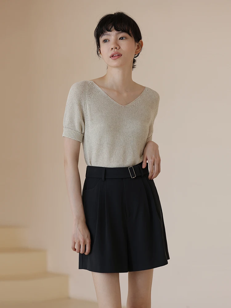 Summer New Style Anti-Wrinkle Smooth Chiffon Belted A-Line Shorts Commute Slimming Natural Waist Polyester Fiber Casual Pants