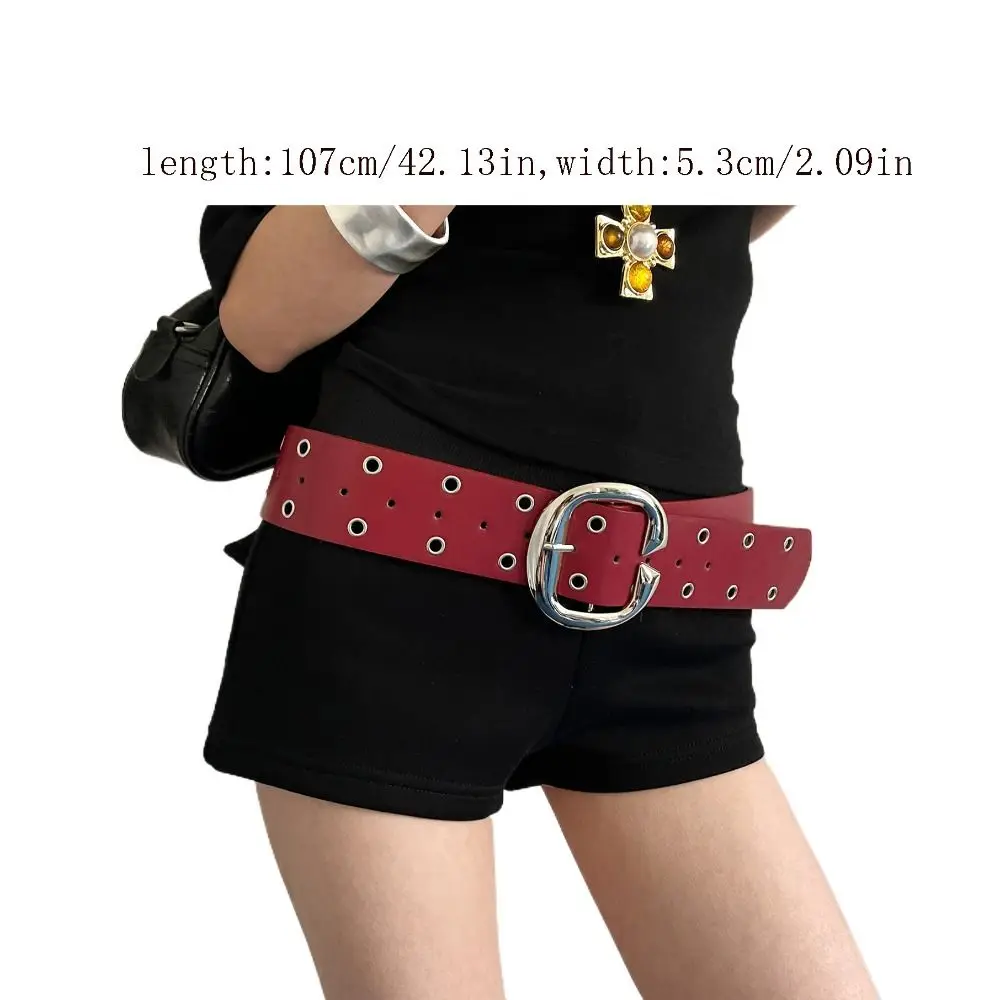 Cinturón ancho ajustable con agujeros de doble fila para mujer, hebilla de Metal, pretina de cuero Vintage, faja para pantalones vaqueros, cinturón de estilo Punk que combina con todo para hombre