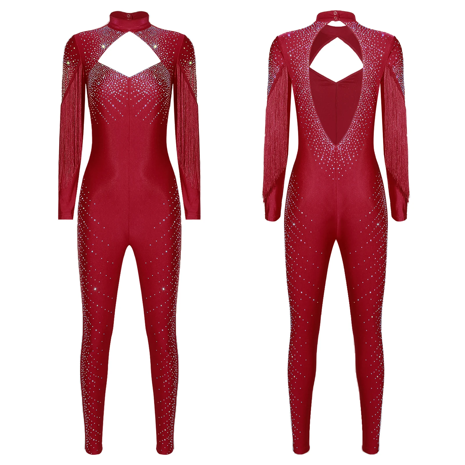

Womens Figure Skating Jumpsuit Rhythmic Leotards Tassel Long Sleeve Glittery Rhinestone Leggings Bodysuit Gymnastics Ballet Wear