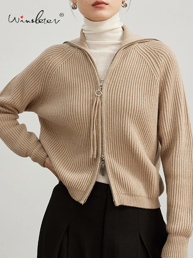 

Winsleter-100% Wool Elegant Sweater, Turn-down Collar Zipper, Women Fashion Versatile Warm Knit Cardigan, 2025 Autumn T59441CC