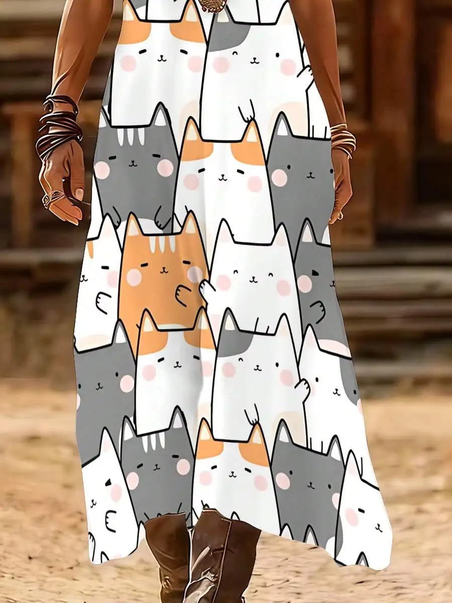 

Women V-Neck Slip Long Dress Gray White Orange Cat Print Sleeveless Micro-Elastic Knit A-Line Casual Vacation Dress