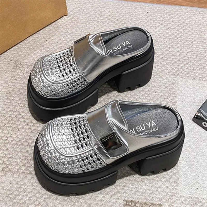 امرأة النعال الجلدية الاصطناعية الانزلاق على 10 سنتيمتر منصة صندل خشبي المرأة الصيف تنفس عالية الكعب مكتنزة النعال 34-39 #5