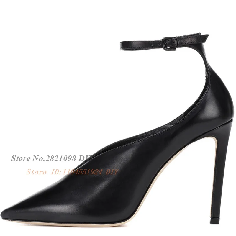 Leather Ankle Buckle Strap High Heels Women's Closed Pointed Toe Stiletto Pumps Large Size Banquet Shoes