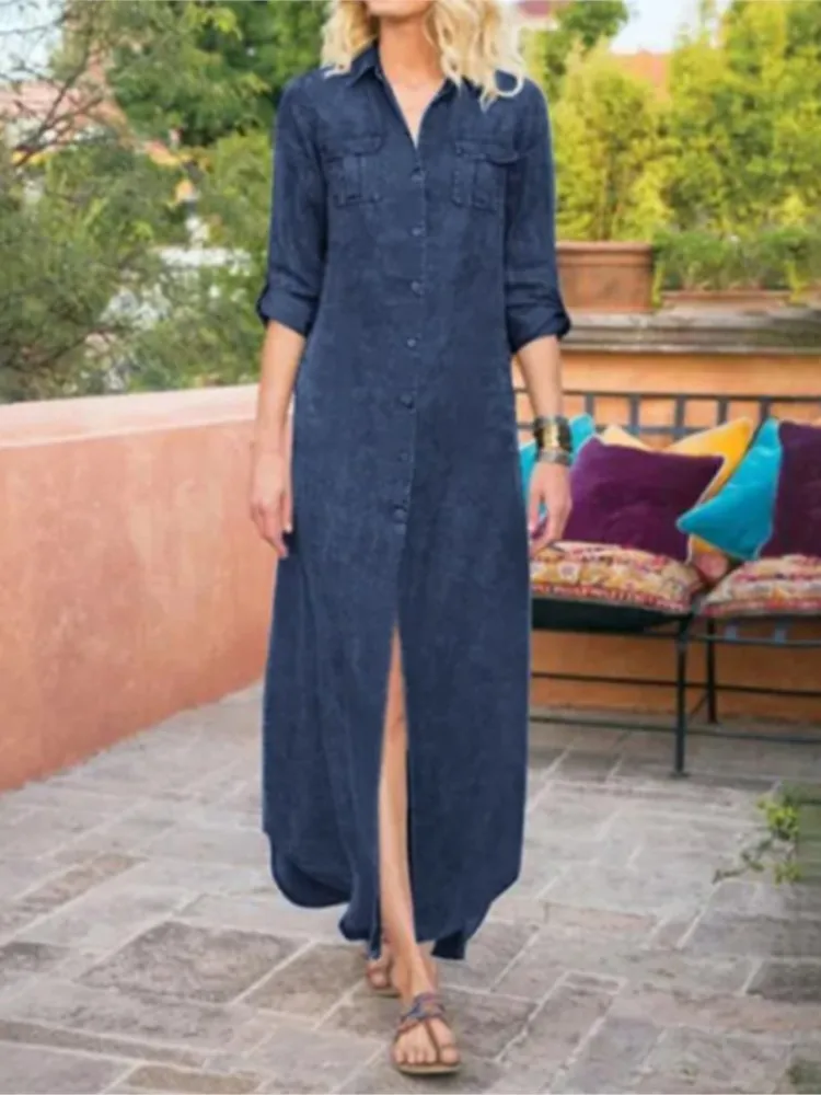 

Summer New Solid Color Elegant Dresses Office Lady For Women Women'S Solid Color Buttoned Pocket Denim Casual Fashion Maxi Skirt