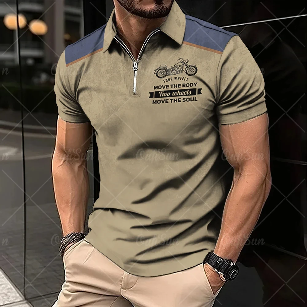

2024 Vintage Summer Short Sleeve Polo Shirt Men Half Zip Up Lapel Classic Motorcycle Graphic Men Polo Shirts Oversize Streetwear