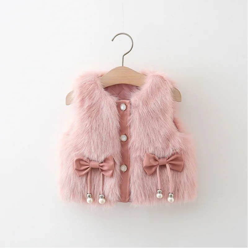 1-3Y Girls Bows Faux Fur Vest Waistcoat Teens Kids Thickened Warm Velvet Cotton Tops Jacket Outwear for Children's Clothing