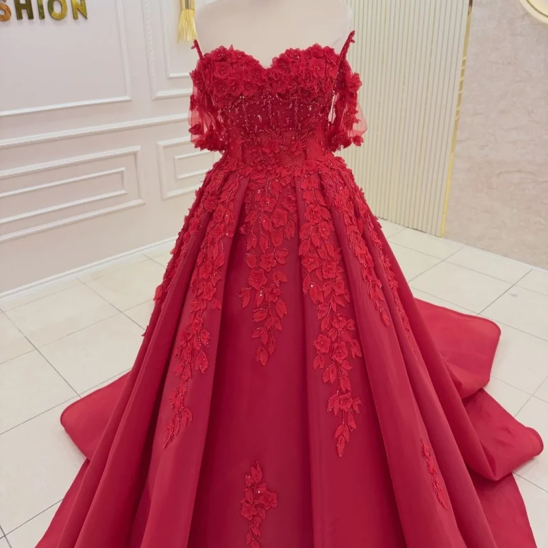 

Red Quinceanera Dress off-shoulder Glitter 3D Flower Decal Long tail vestidos de 15 Quinceanera ﻿Customize