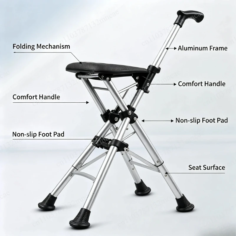 2-in-1 88cm foldable cane chair, portable one key opening and closing assistive seat cane, suitable for daily walking support