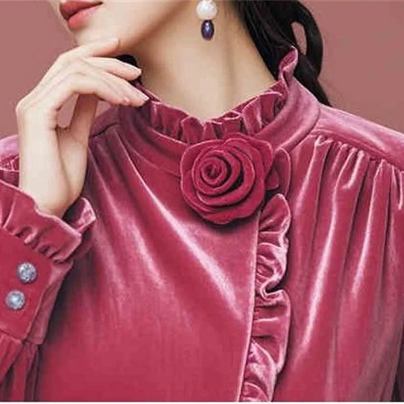 

Design Sense Black Fungus Edge Stand Collar Rose Velvet Top Women's T-shirt 2026 Spring and Autumn Winter New Pullover Blouse