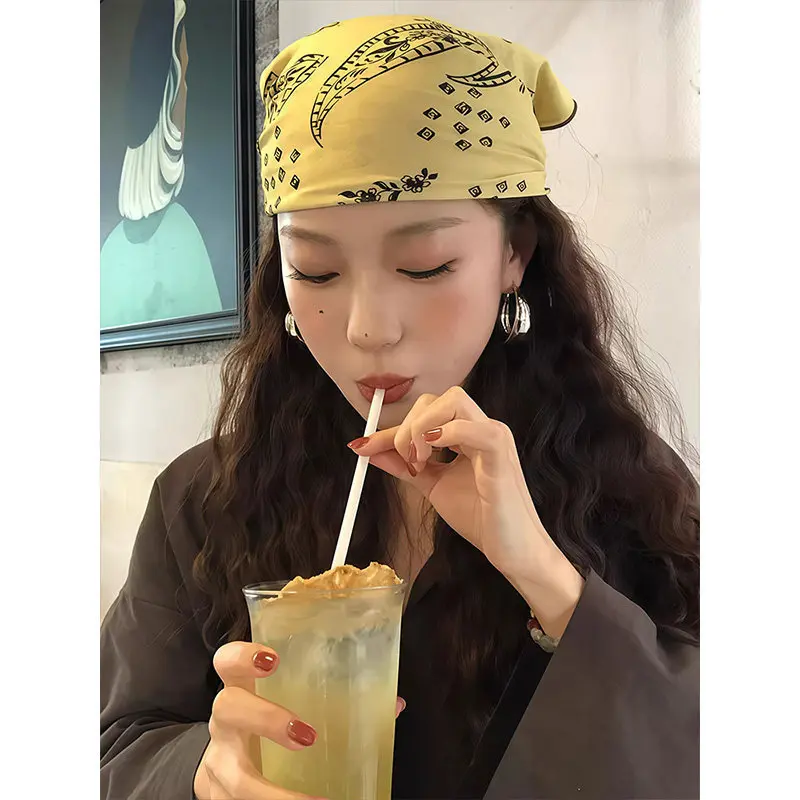 Headscarf Yellow Print American Retro Chic Versatile Face Slimming Head Wrap for Women Daily Travel Party Fabric Lightweight