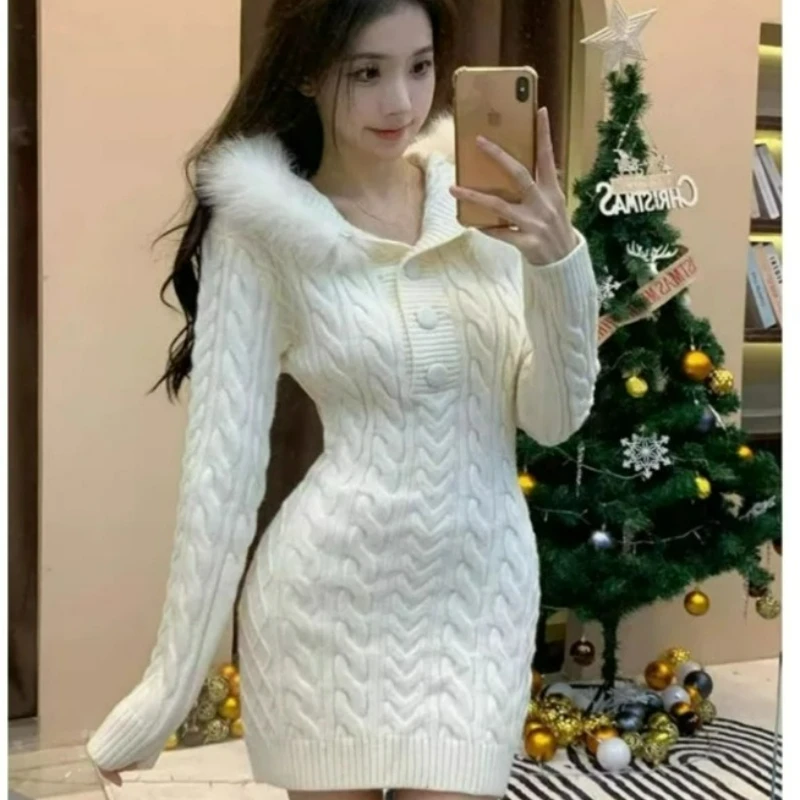 

2026 Autumn/Winter New Fashion Hooded Fur Collar Tight-fitting Dress Pure Desire Hot Girl Christmas Sexy Battle Dress for Women