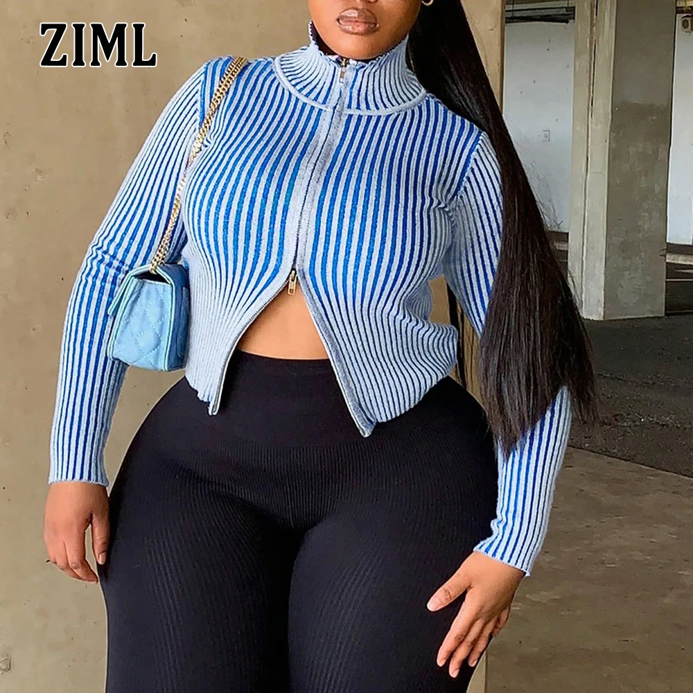 

ZIML хит цвета для похудения сращенный кардиган на молнии свитер для женщин воротник-стойка с длинным рукавом короткие вязаные пальто женские осенние