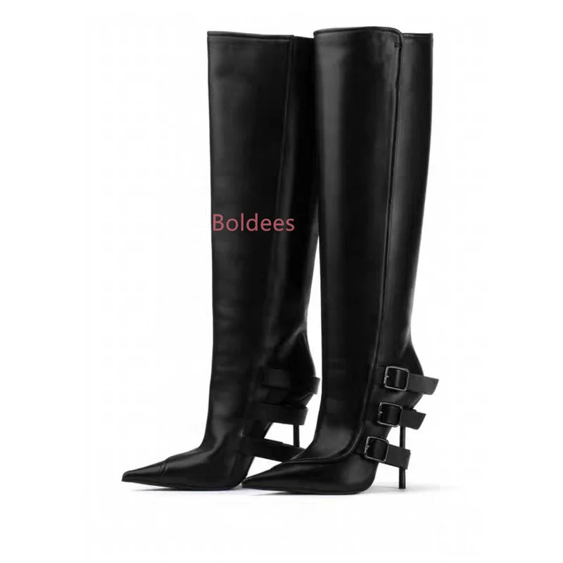 

Black Belt Buckle High-heel Knee High Boots Autumn Winter Women Fashion Pole Dance Pointed Solid Color Long Boots