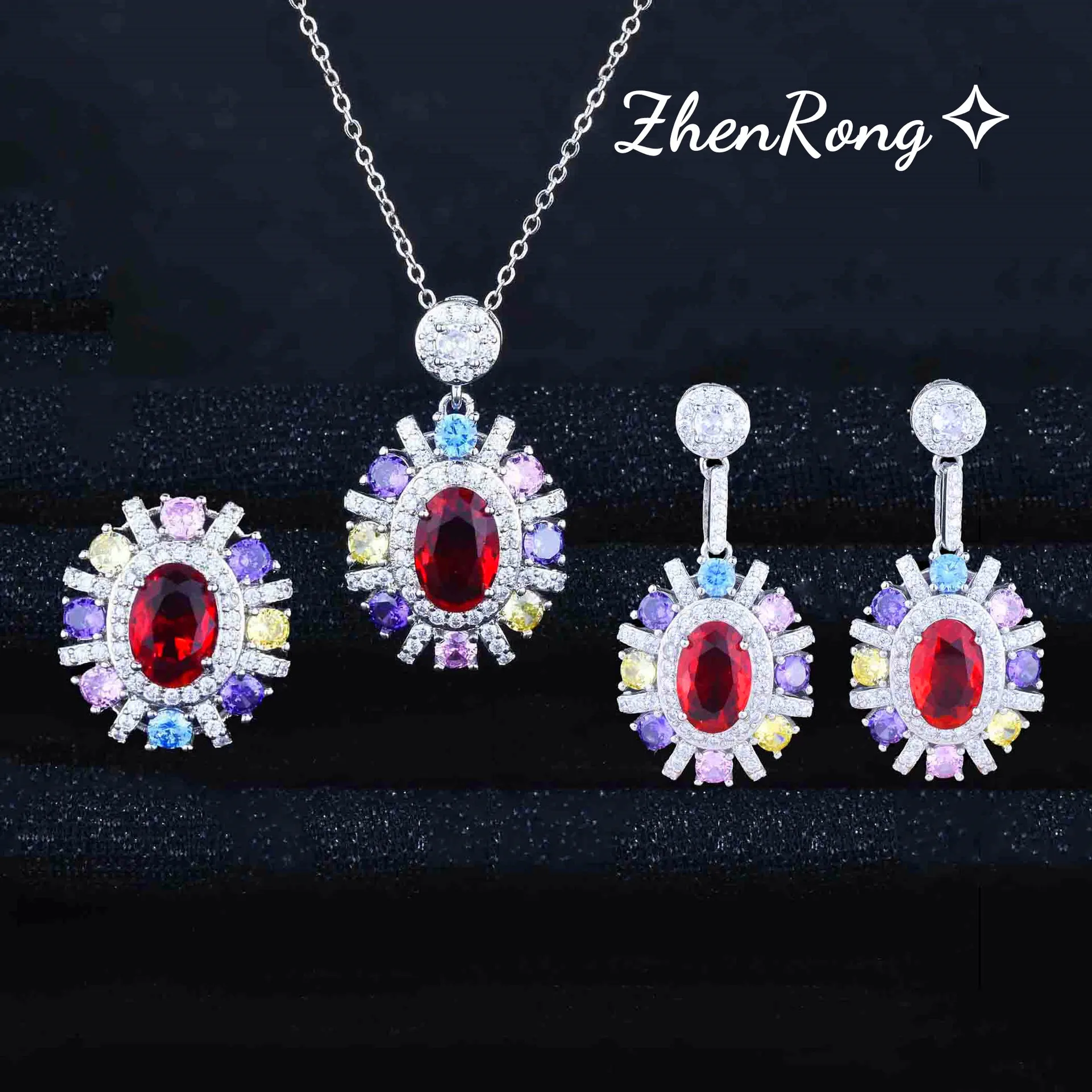 Foydjew New Fashion Temperament Color Simulation Tourmaline Jewelry Sets Oval Red Stone Pendant Necklaces Drop Earrings Rings