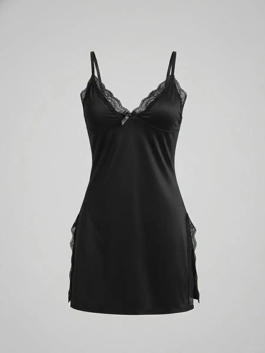 

Black Lace Trim Satin Chemise Spaghetti Strap V Neck Nightgown Short Slip Dress