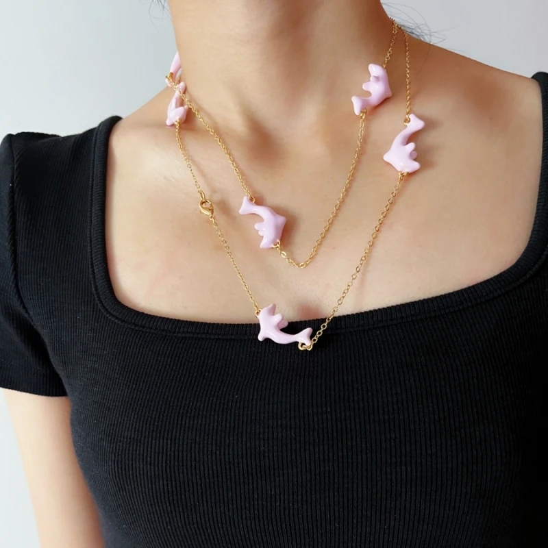 

Модное розовое эмалированное длинное ожерелье с дельфином, цепочка для свитера, женские ювелирные аксессуары для отдыха и моря