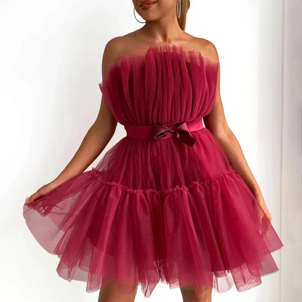 Sexy Off Shoulder Bow Net Yarn Dress Sleeveless Ball Gown Mini Dress Tube Top Style Bandeau Dress Wedding Party Princess Dress