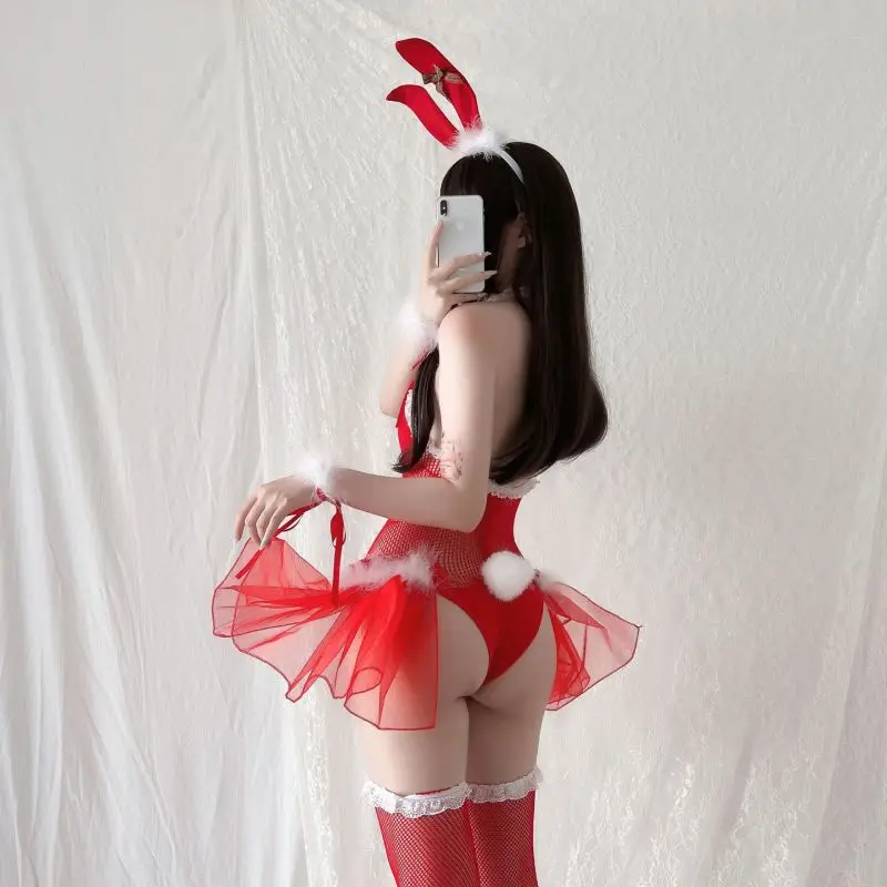 Sexy Role-playing Bunny Girl Lingerie Erotic Christmas Uniform One-piece Dress Net Socks Set Hot Babydoll Passion Bodysuits