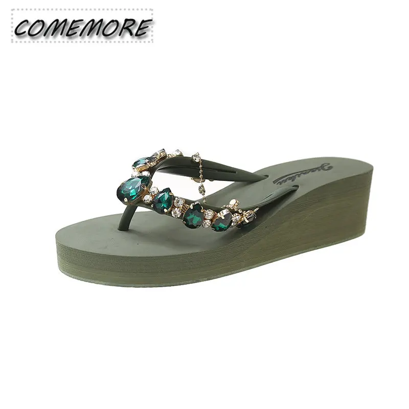 2023 New Slippers Rhinestone Chain Thick Bottom Women\'s Summer Flip-flops Beach Platform Wedges Heel Sandals Casual Comfortable