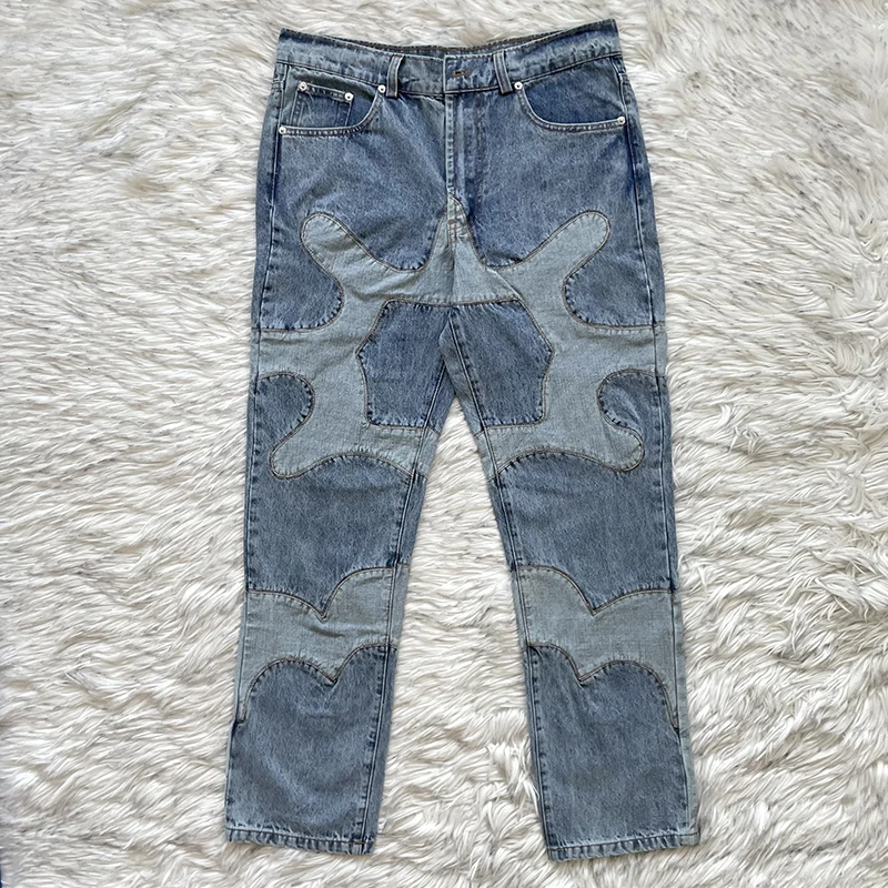 

Glo Gang Multi Denim Flare Повседневные уличные винтажные лоскутные джинсы Молодежные длинные брюки со средней талией для молодых мужчин