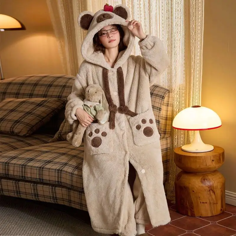 

Cartoon Women Pajama Set Autumn Winter Sweet Coral Fleece Homewear Fleece-Lined Sleepwear Keep Warm Pj Thicken Hooded Nightwear