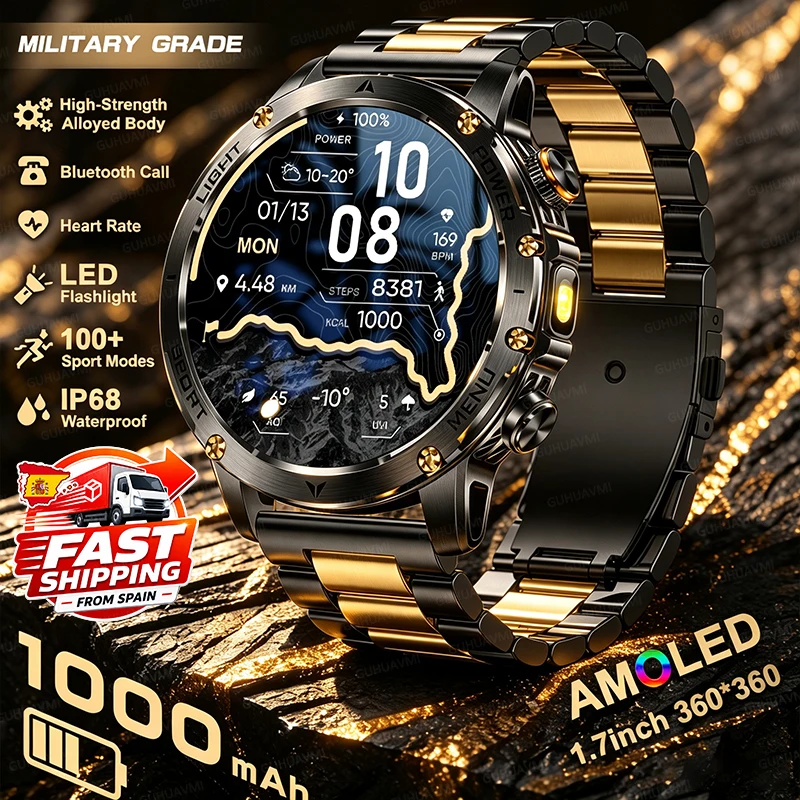 Nouvelle Montre Connectée Militaire 2026 pour Hommes, Batterie Grande Capacité 1000mAh, Écran HD 1,7 Pouces, Tactique Extérieure, Lampe Torche LED, Corps en Alliage, Plus de 100 Sports, Étanche IP68, Appel Bluetooth HD