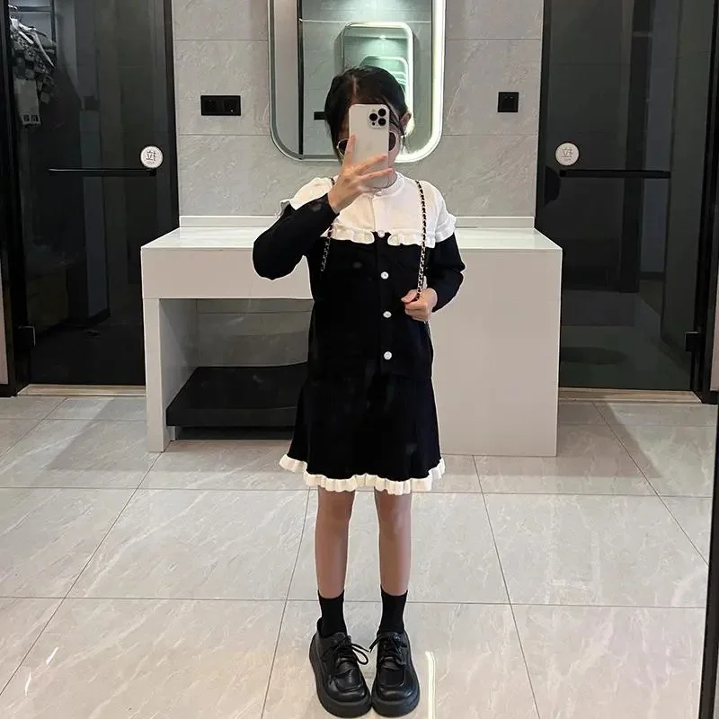 Girls Coat +Skirts Kids Suits 2PCS/Set 2024 Knitting Spring Autumn Cotton Teenagers School Uniforms Cotton Children Clothing