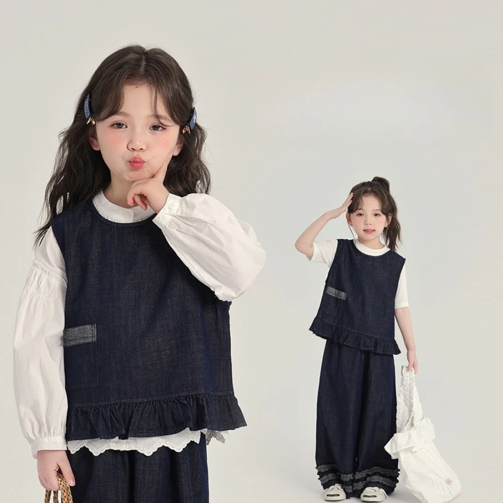 

Новая модная одежда для девочек в уличном стиле, темно-синий жилет + длинные брюки + белая рубашка с длинными рукавами, весенне-осенний детский комплект из 3 предметов