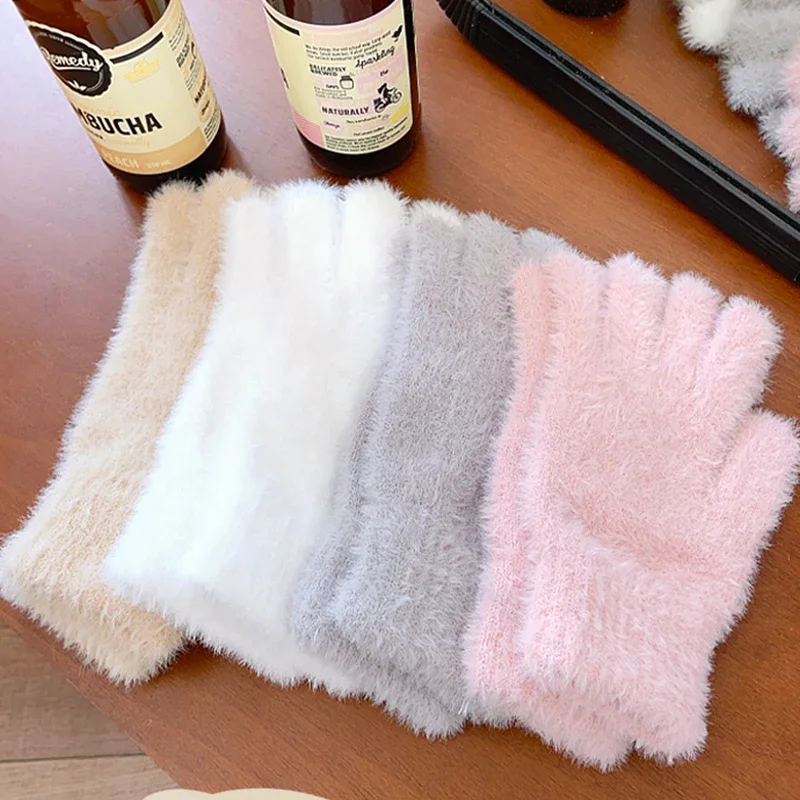 Student Girl Fashion Winter Mink Velvet Five Finger Gloves Plush Warm Cold-proof Gloves Women Outdoors Cycling Solid Color Mitte